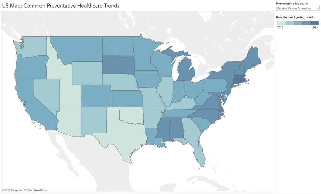 US Map of Common Preventative Healthcare Trends that can be filtered by measure